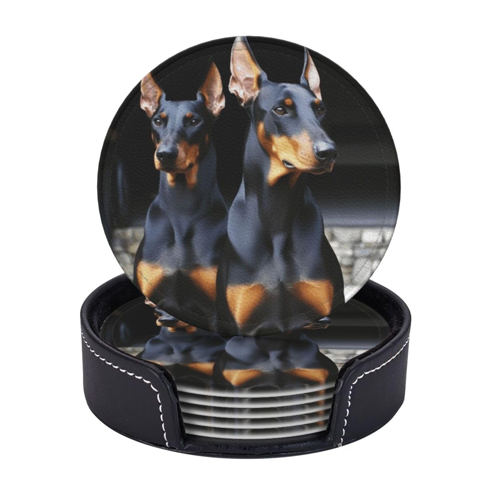 Drink Coasters Set of 6 Coffee Leather Coaster with Holder doberman Coasters for Drinks Coffee Cup Mat Heat Resistant Tabletop Protection Coaster Desk Accessorie Home Decorative