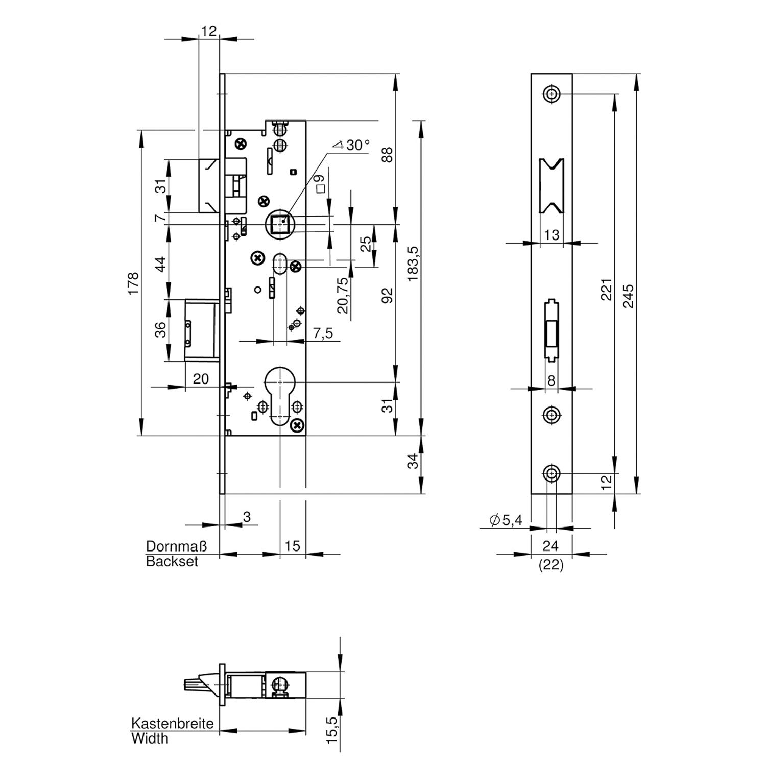 WILKA Panik-Einsteckschloss 6667 für Rohrrahmentüren | Dornmaß 30 mm | Panik-Funktion E | Stulp 245 mm flach Edelstahl | DIN Links und Rechts verwendbar (30 mm)
