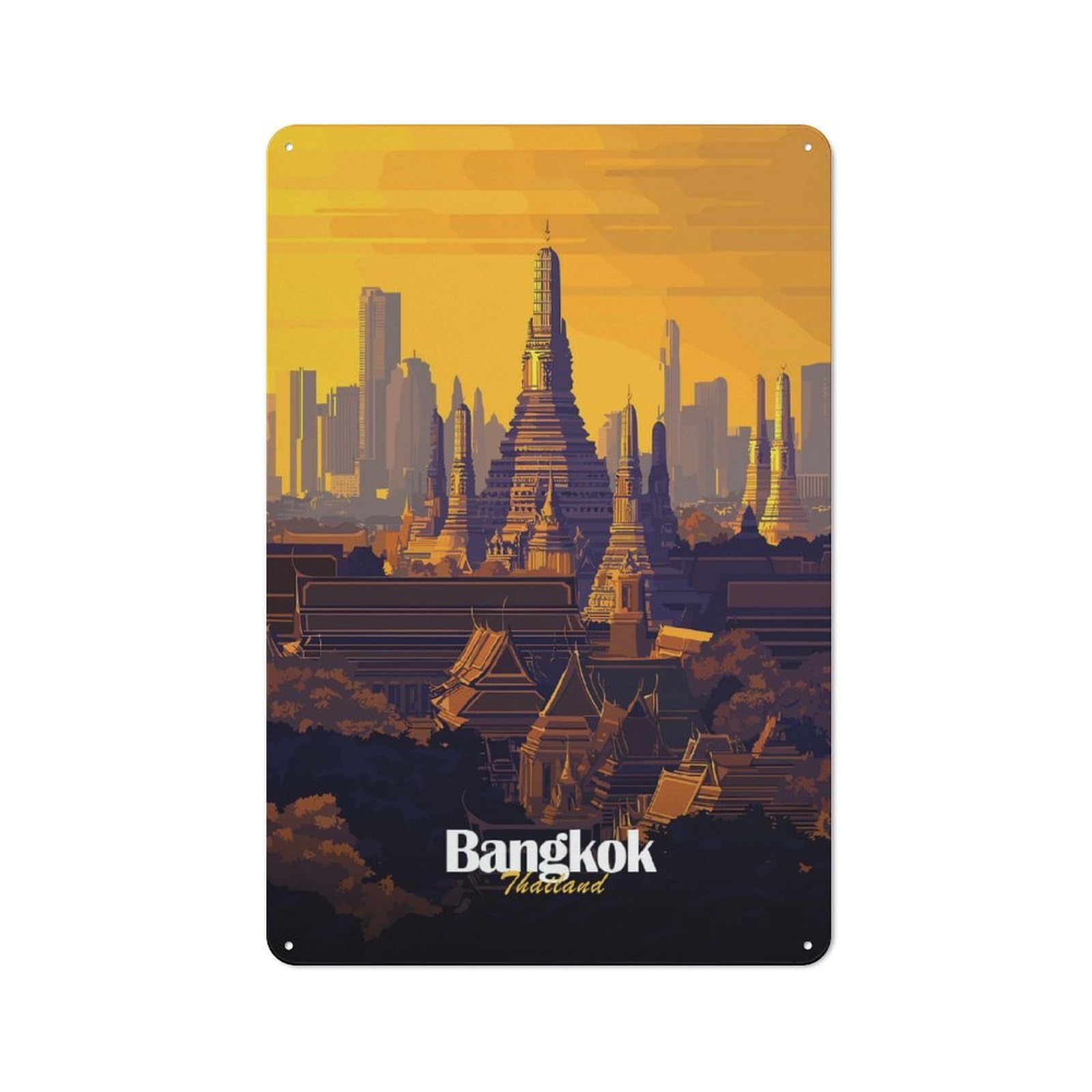 Junmoney Style-4 Tin Wall Plaque 30X20cm With Bangkok Temple Skyline For Dining Room Or Kitchen, A Winter Wall Decor Update For Dining Room Decor Fans