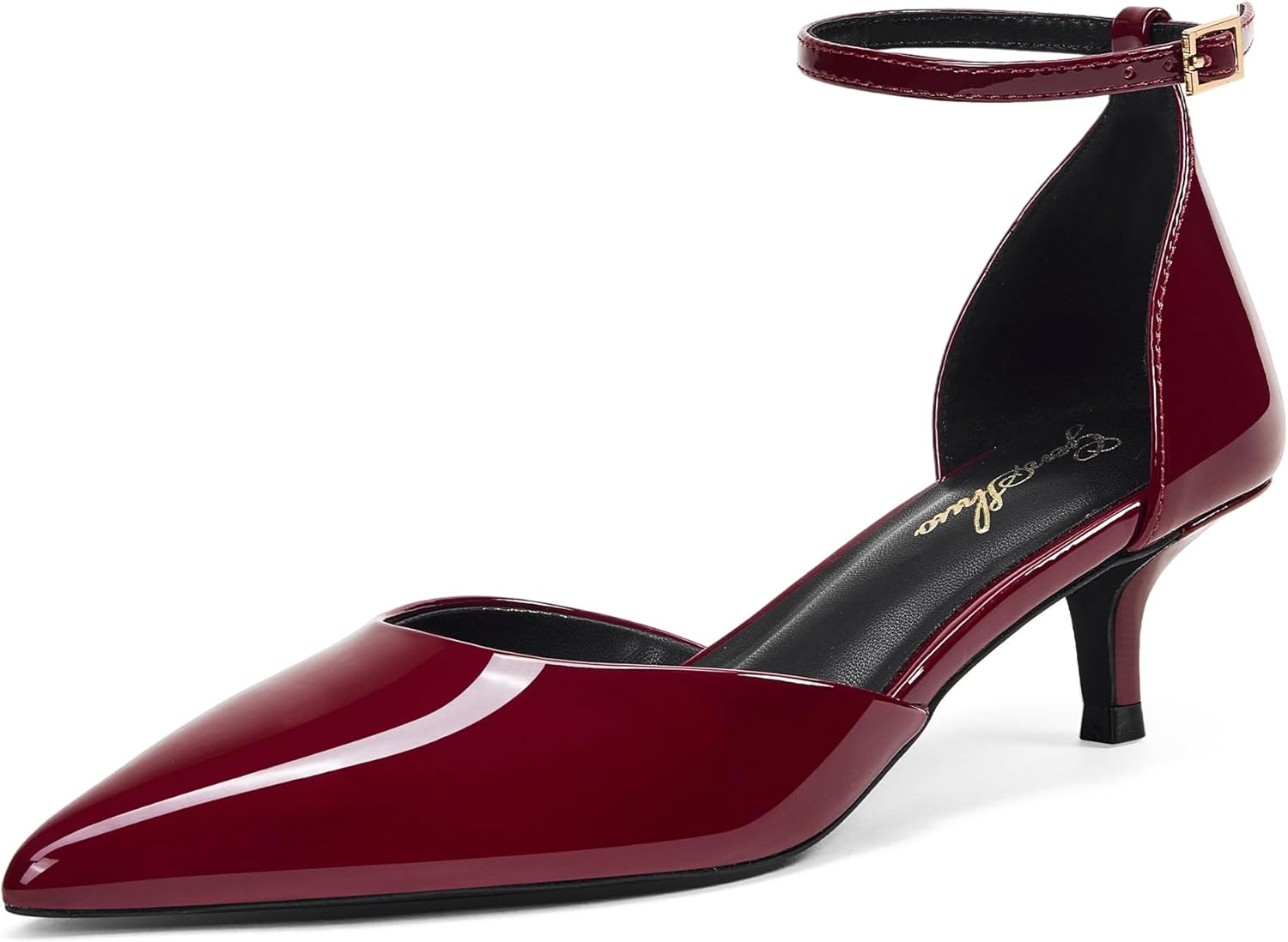 GENSHUO Women's Kitten Heel D'Orsay Pumps, 2 Inch Pointed Closed Toe Dress Shoes with Ankle Strap for Wedding, Business, Formal