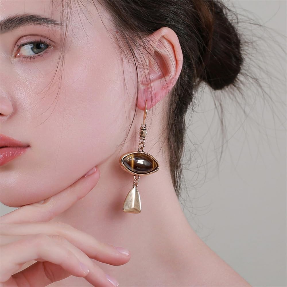 Vintage Oval Tiger Eye Stone Dangle Drop Earrings for Women Retro Handmade Geometric Triangle Natural Stone Statement Dangling Hook Hypoallergenic Fashion Jewelry - Image 6
