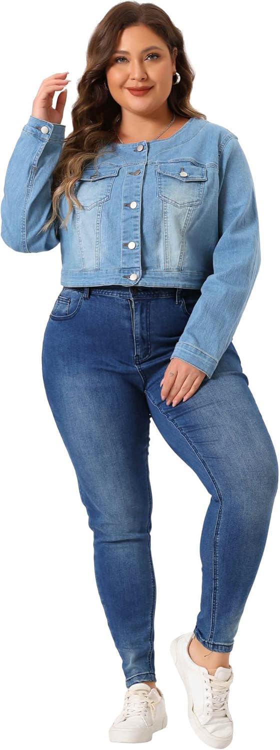 Agnes Orinda Plus Size Denim Jackets for Women Collarless Chest Pockets Button Down Crop Jean Jackets - Image 3