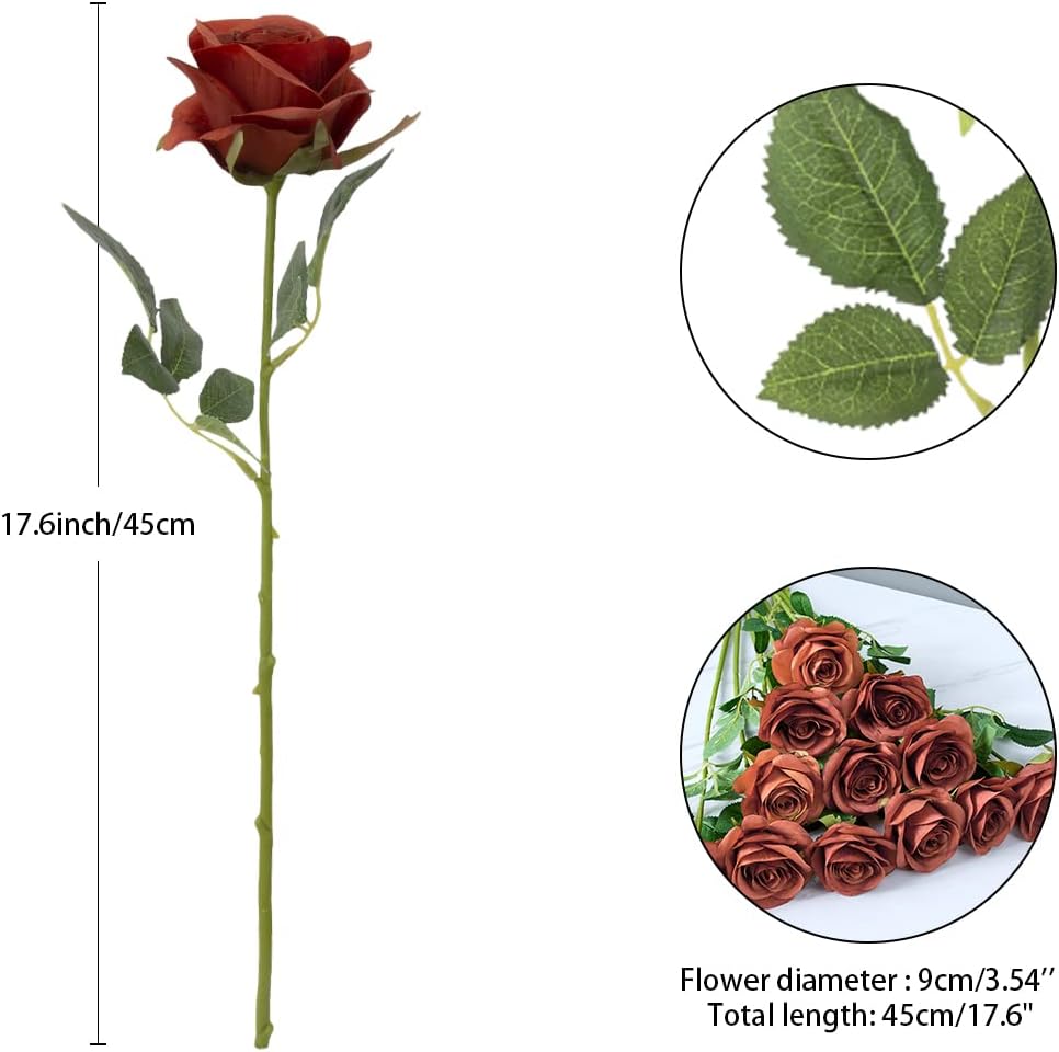 12pcs Rust Orange Rose Artificial Flowers Faux Roses Silk Roses Orange Silk Flowers with Long Stems for Wedding Baby Shower Home Decor Party Centerpieces Table Decorations - Image 4