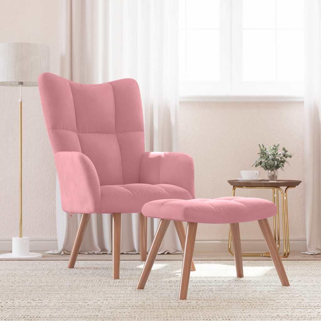 vidaXL Relaxing Chair and Stool Set - Modern Pink Velvet Upholstered Armchair with Padded Seat and Solid Wood Frame for Living Room, Lounge Area, 328066