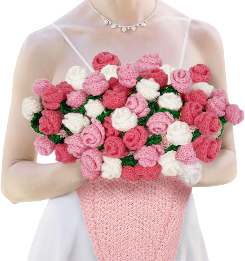 32 Inch Crochet Rose Flower Bouquet Blanket: Knitted Bouquet Blanket for Birthday (Pink Roses)