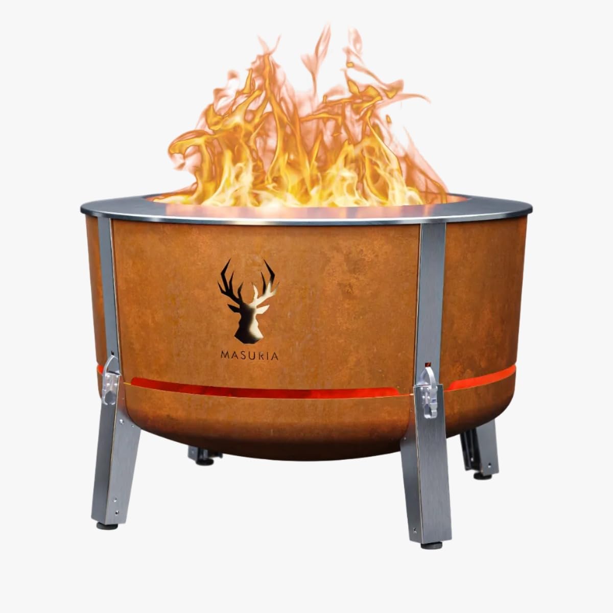 Masuria Brasero sans fumée 80 cm⌀ Alpha 800 - Réduction brevetée de fumée Jusqu’à 95% - Fabriqué en UE - Brasero extérieur en INOX 304 et Acier Corten - Pieds réglables - Grand tiroir à Cendres