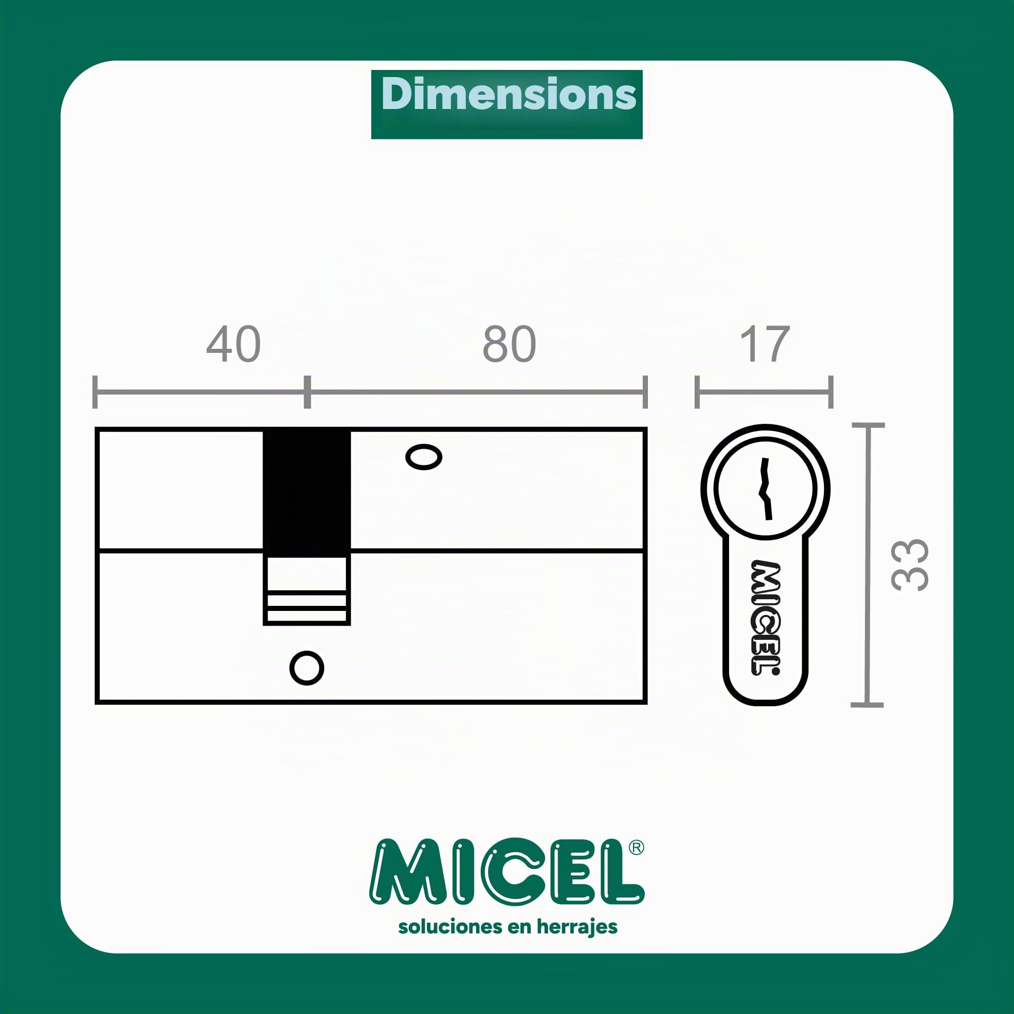 MICEL - 13096 - Cylindre de sécurité, profil européen, à came longue, décalé 40 x 80, avec clés, finition nickel, argenté, 120 x 17 x 33 mm