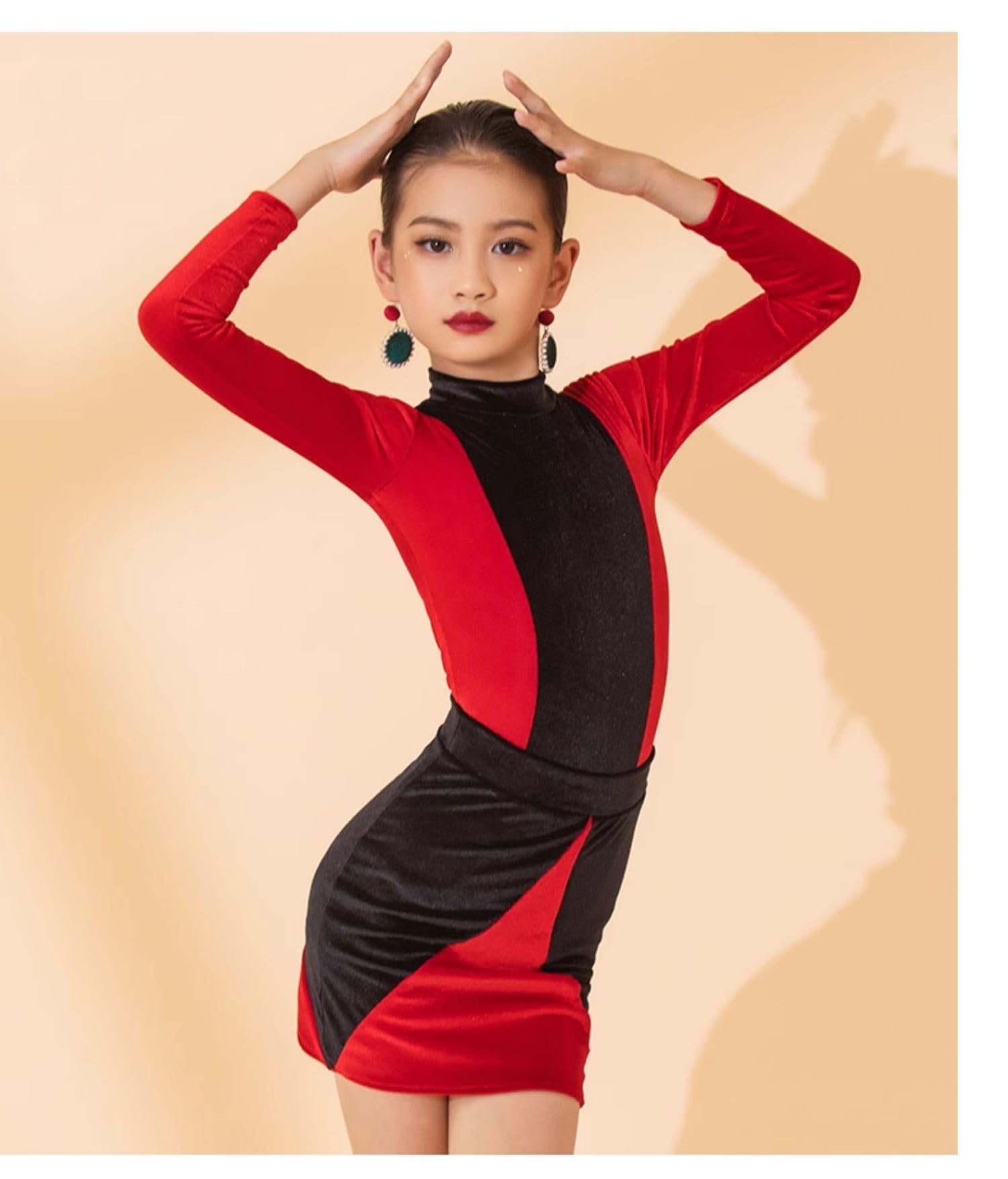 Vestidos para Niñas, Vestido de Baile Latino de Manga Larga, Vestido de Baile de Salón, Ropa de Escenario para Niñas, Ropa de Baile, Vestido de Competición, Elegante Lírico (160 cm)