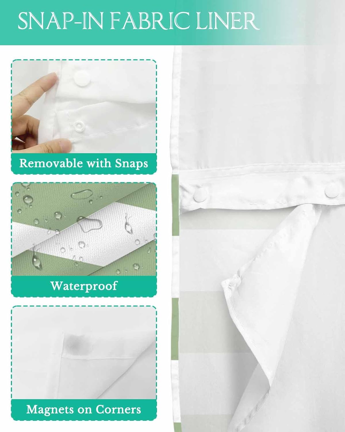 Striped Shower Curtain with Snap in Liner Geometric Sage Green Stripes No Hook Waterproof Inner Liner Shower Curtain for Bathroom See Through Top Window Bath Curtain 54"x78"