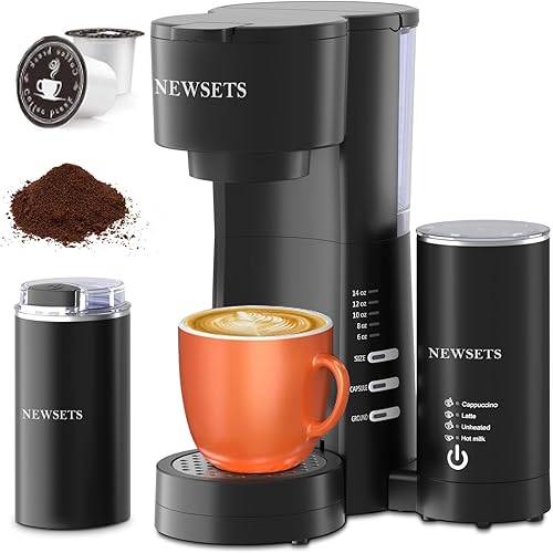 NEWSETS Single Serve Coffee Maker for K Cups and Ground Coffee, 4 in 1 Coffee Machine with Grinder and Milk Frother, 6 to 14oz Brew Sizes, 28oz Removable Water Reservoir, Self-cleaning Function, Black