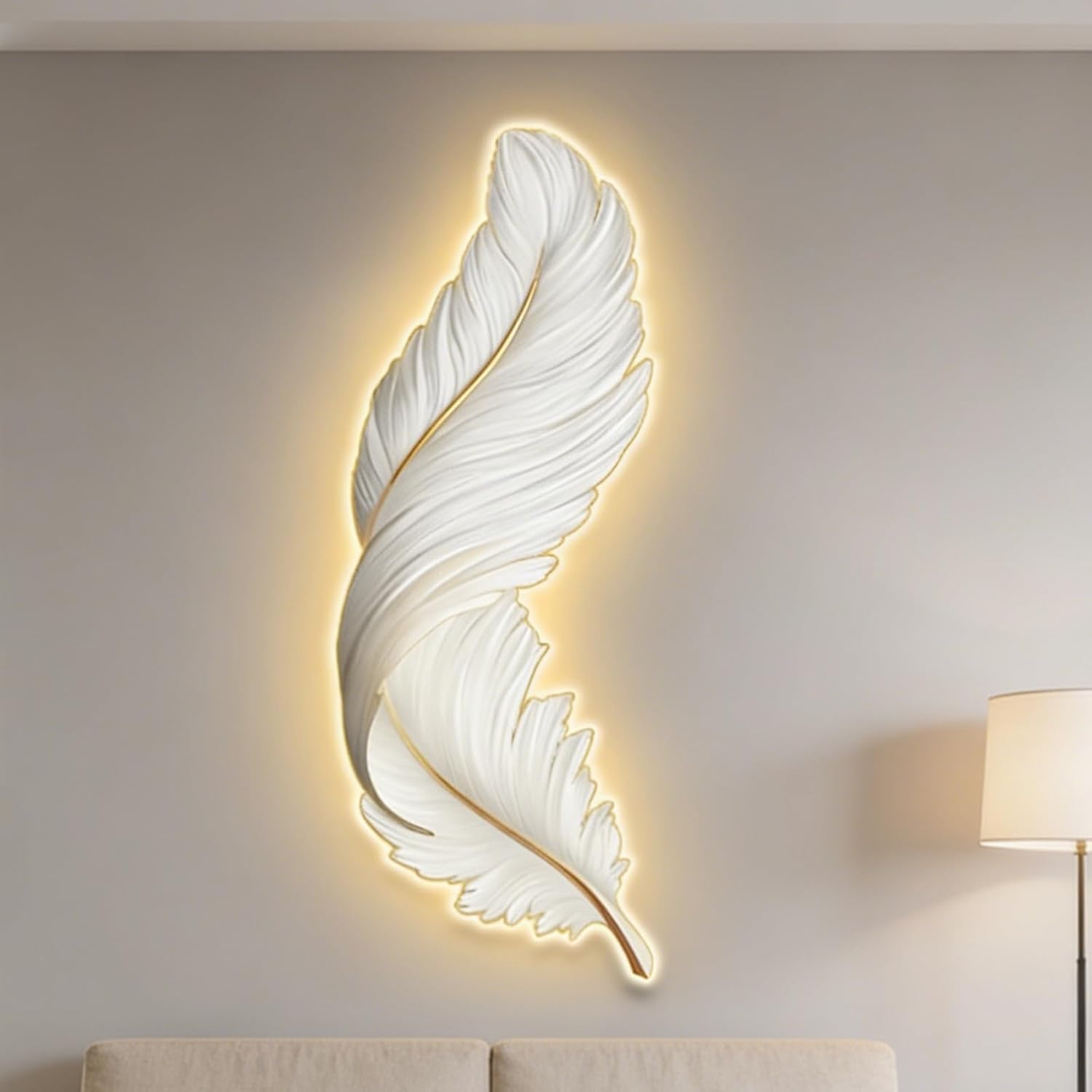 wihgony 3D Feather LED Wall Art with Plug-in Lighting, Modern Luxury Wall Decor for Entryway, Living Room & Bedroom(B,42x80cm/16.5x31.5in)