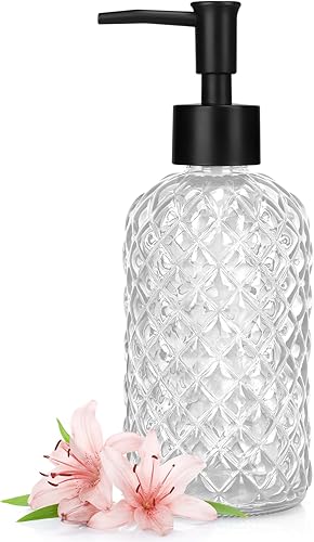 Miniatura 11 de Dispensador de jabón de vidrio de 13.5 onzas con bomba de plástico, dispensador de jabón de manos recargable con diseño de diamante para lavado
