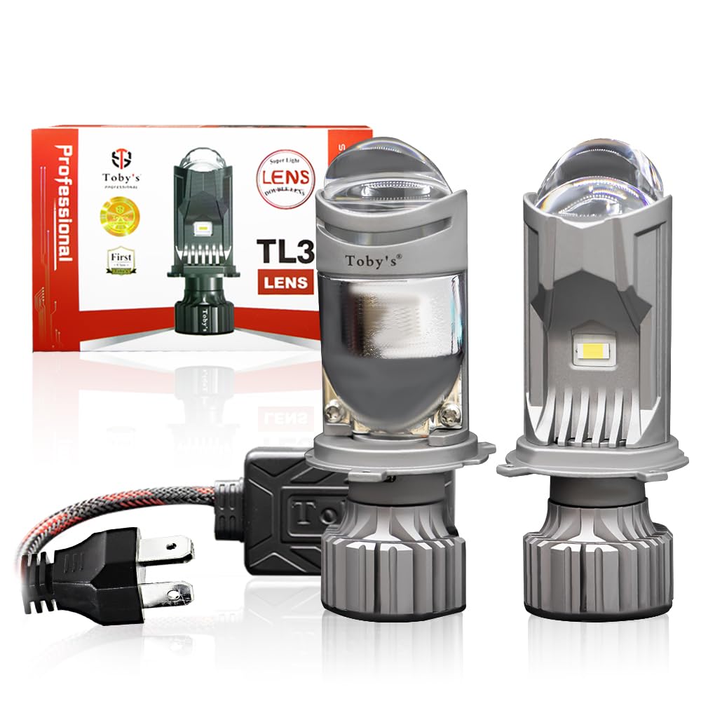 Toby's New TL3-H4 LED Mini Projector Dual Lens Headlight Bulb, Adjustable Beam (High & Low) with Cooling Temperature 6500K White Light