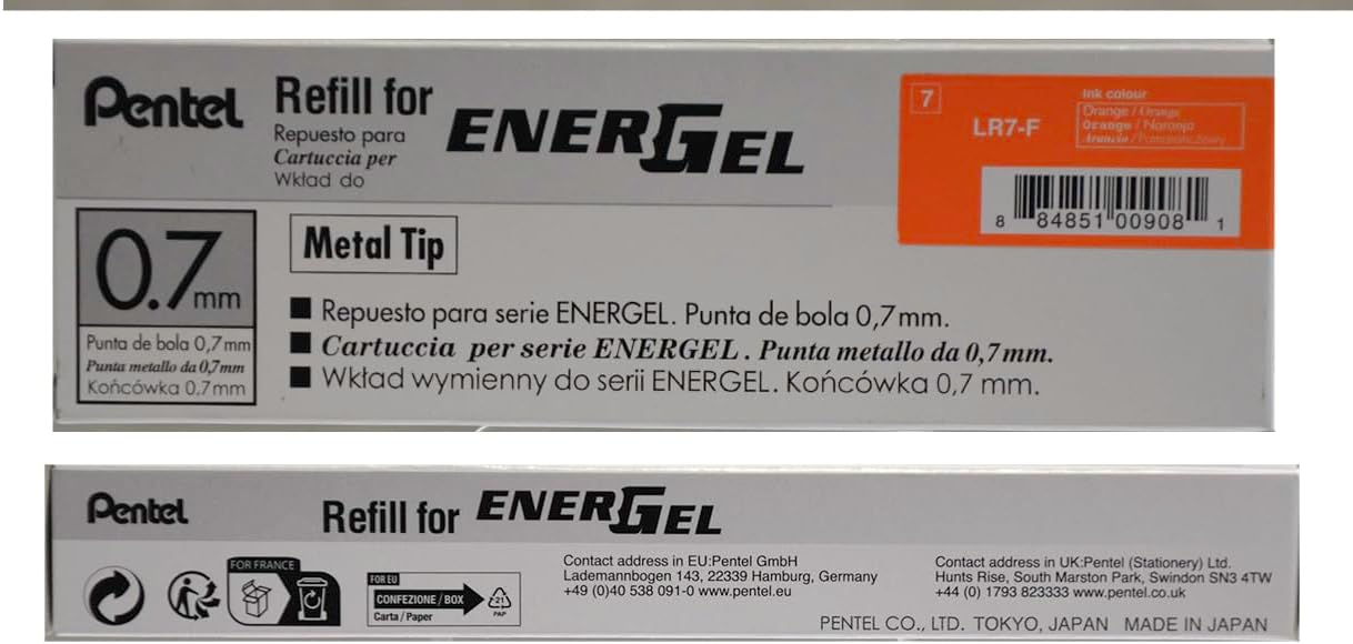 Pentel Refill Ink For EnerGel and Lancelot Gel Pen, (0.7mm) Metal Tip, Orange Ink, Pack of 12 (LR7-F)