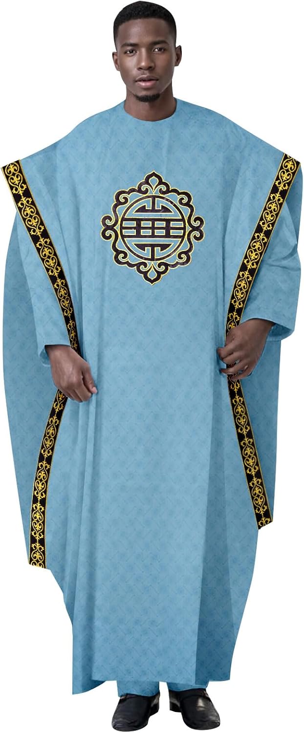 African Traditional Clothing for Men Dashiki Embroidery Agbada Robes Shirts and Pants Outfits 3 Pieces Set