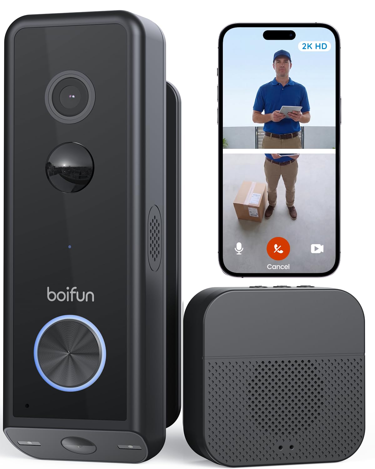 BOIFUN 2026 WLAN Video Türklingel mit Kamera, Dual Kameras für Paketschutz, 2K Full HD Farb-Nachtsicht, Akku oder kabelgebunden, Alexa-kompatibel, KI-Personenerkennung, Ohne ABO, 2,4 GHz, IP65