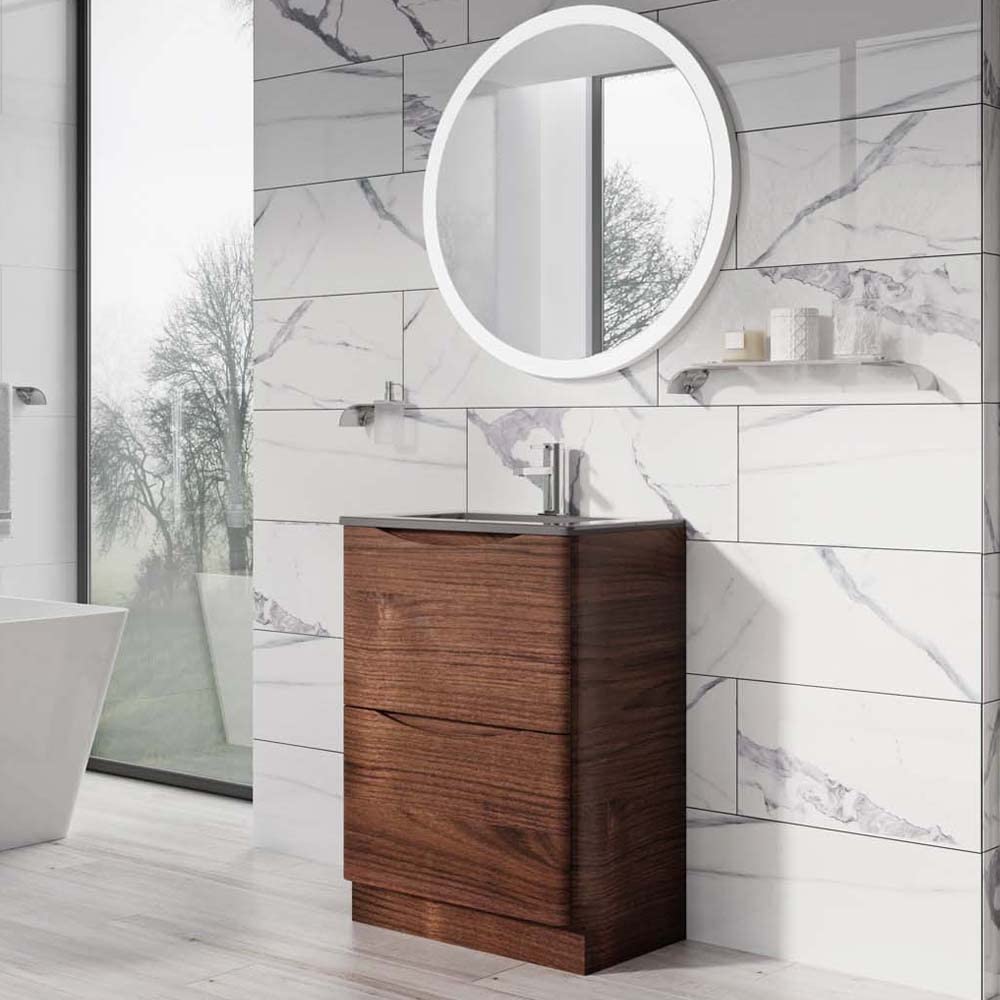 Go Bathrooms Eaton Redwood 600mm Floor Standing Vanity Unit Inc Grey Glass Basin Sink Vanity Unit Under Sink Bathroom Cabinet Storage Vanity Sink