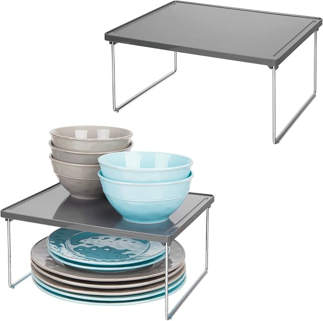 mDesign Set of 2 Kitchen Storage Shelf  Display Shelf for Kitchen Cupboards and Worktops  Free-Standing Kitchen Shelf for Storing Food, Tins, Dishes and More  Grey/Chrome