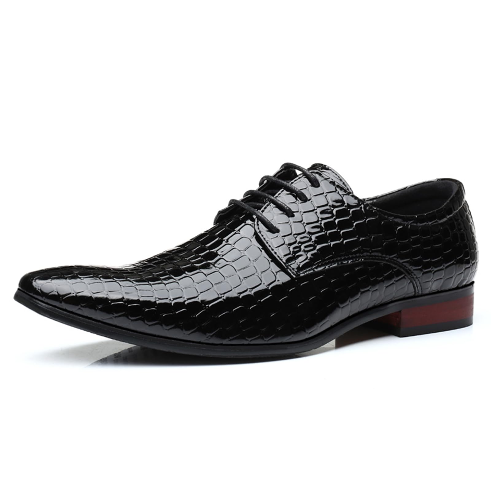 Mens Dress Shoes Fashion Faux Crocodile Patent Leather Formal Shoes Lace-up Pointed-Toe Wedding Party Oxford Shoes