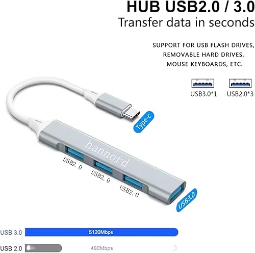 Miniatura 5 de Concentrador USB C, mini divisor USB de aluminio de 4 puertos, USB tipo C a USB A 3.0 y adaptador USB A 2.0 para MacBook Pro/Air, teléfono, laptop,