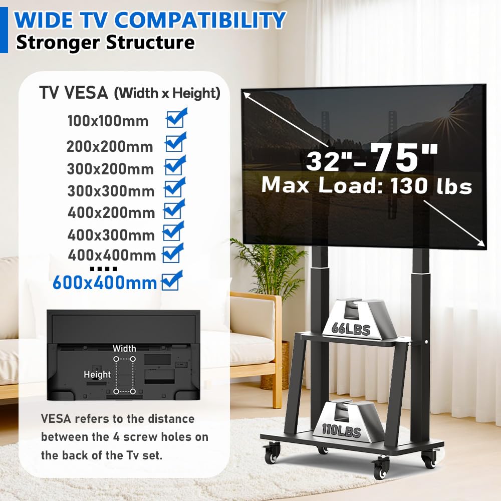 Rollbarer TV-Ständer, Fernsehständer mit Rollen, Tragbarer TV-Wagen auf Rollen für 32-75-Zoll-Fernseher, mobiler TV-Ständer mit Ablage, höhenverstellbar, trägt bis zu 130 lbs, Vesa 600×400