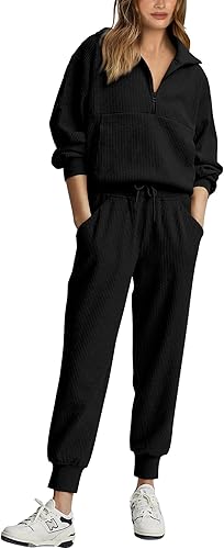 BTFBM Conjunto deportivo de 2 piezas para mujer, sudadera de manga larga con media cremallera, pantalones deportivos para descansar, para otoño