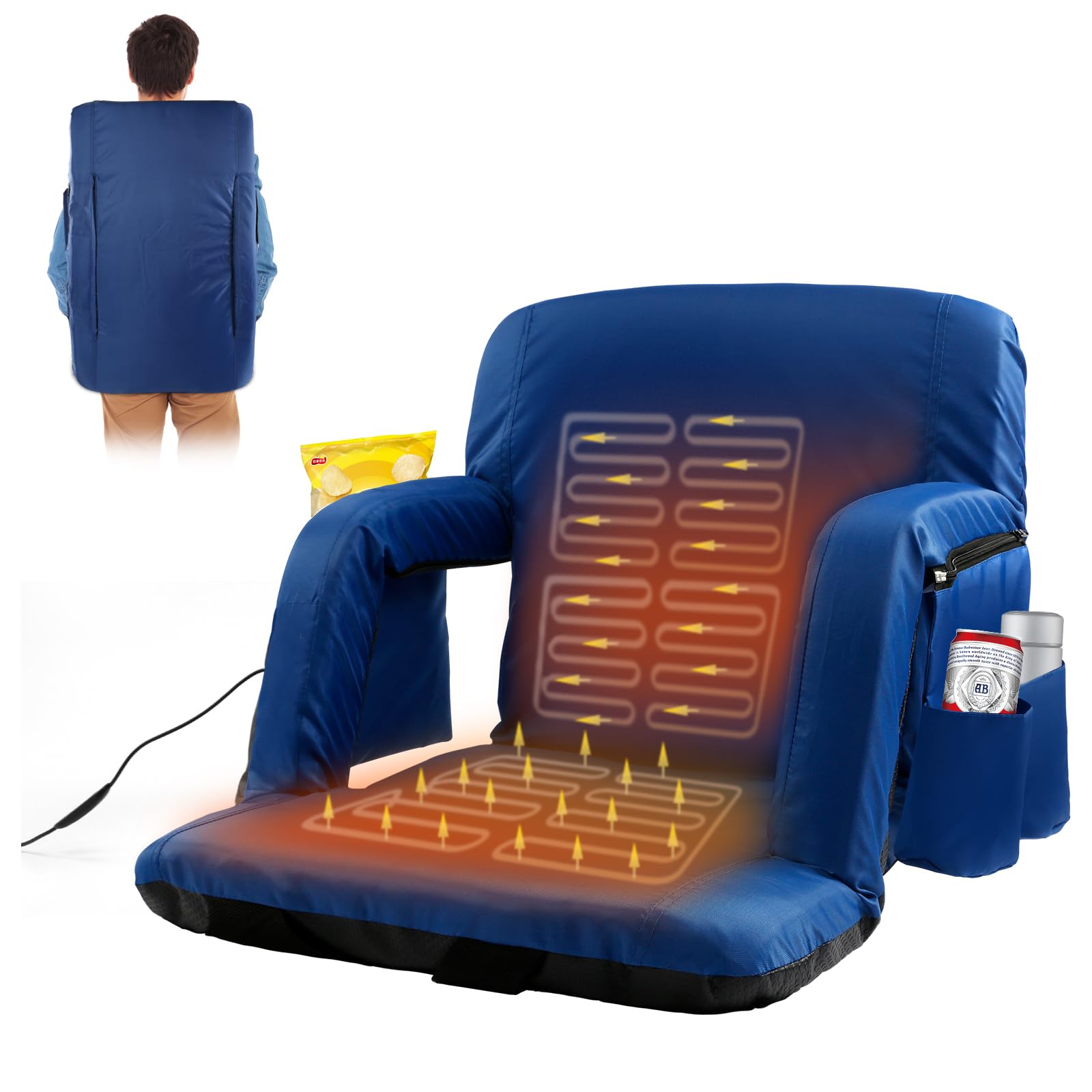 NAIZEA Heated Stadium Seat for Bleachers with Back Support 21" Wide Cushion, 1 Pack Folding Stadium Seat Bleacher Chair with 6 Reclining Positions & Arm Support, Foldable Stadium Chair Camping Chair