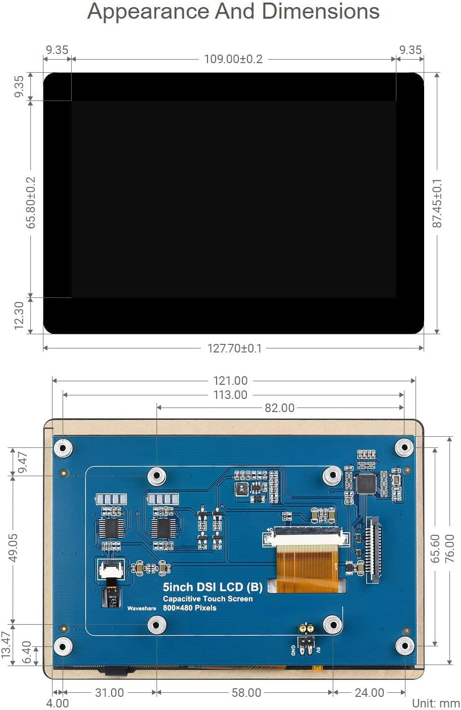 waveshare 5inch Capacitive IPS Touch Display Compatible with Raspberry Pi 5/4B/3B+/3A+/3B/2B/B+/A+/ CM3/3+/4 800×480 Resolution DSI Interface Low Power Consumption