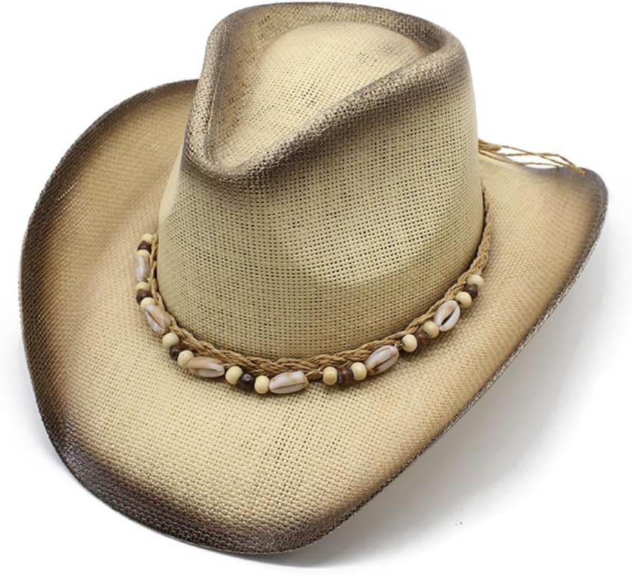 Western Cowboy Hat with Shell Beaded Band, Gray Ombre, Woven Straw