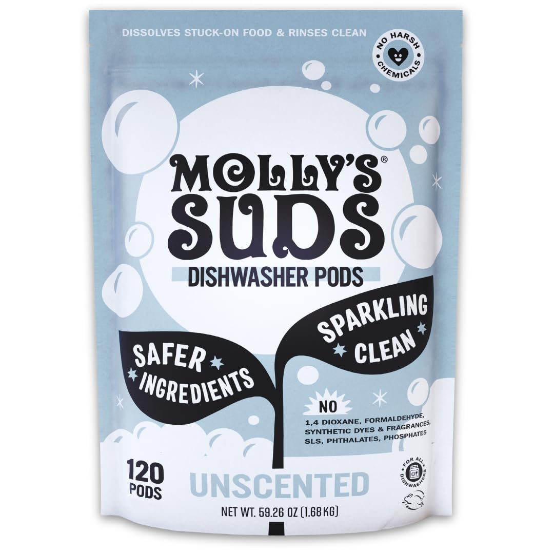 Molly's Suds Dishwasher Pods | Natural Dishwasher Detergent, Cuts Grease & Rinses Clean (Residue-Free) for Sparkling Dishes | 120 Auto-Release Tabs (Unscented)