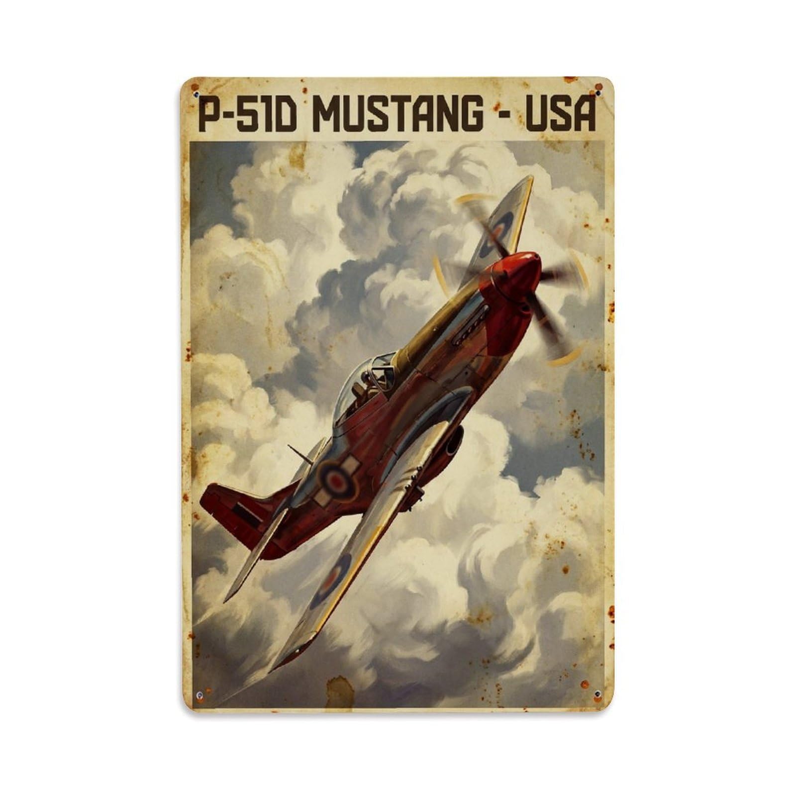 Heroic Realism P-51D Mustang Fighter Aircraft Metal Tin Sign Plaque Wall Decor for Cafe, Man Cave, Club Bar, Office, Home Garden Round Metal Poster 8x12Inch