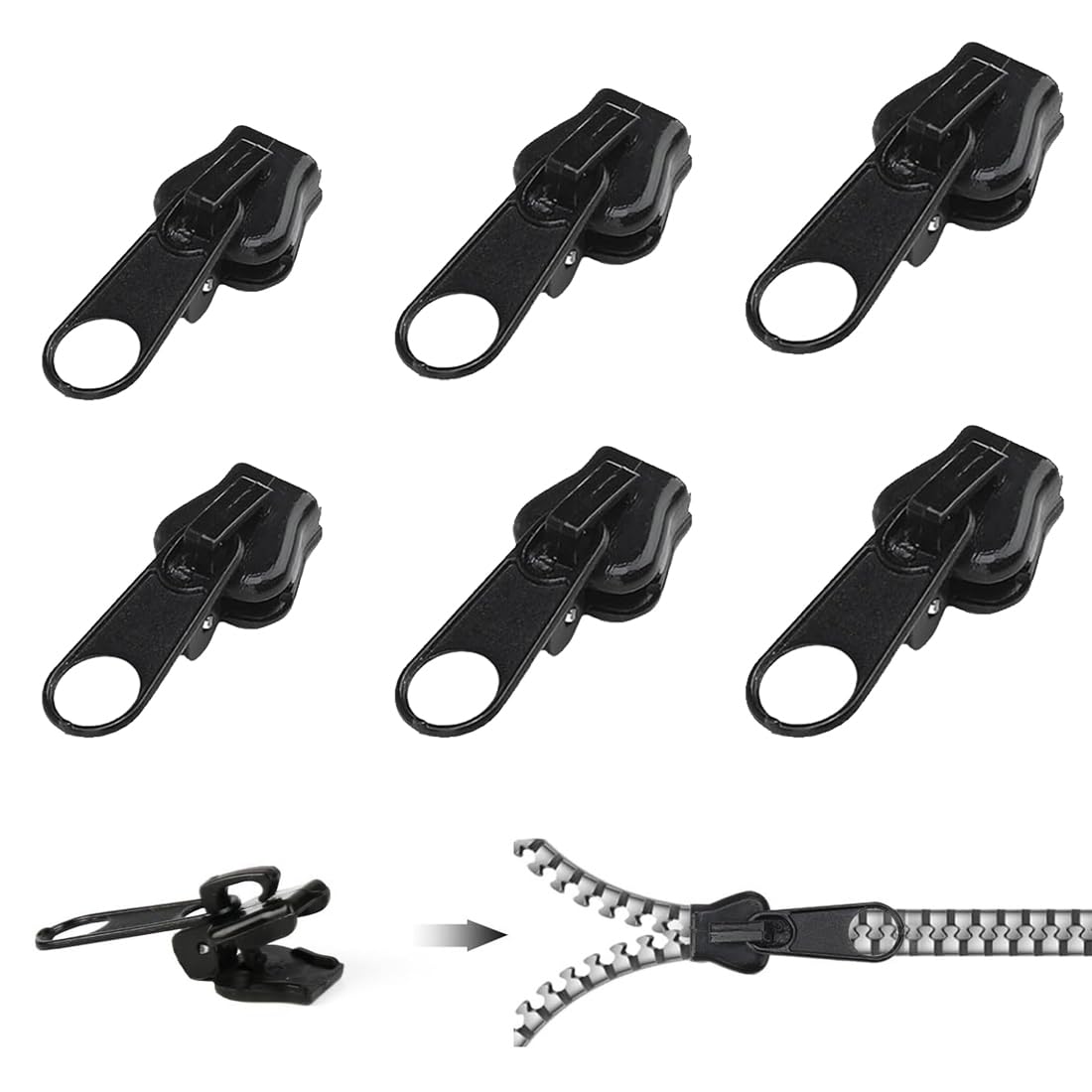 XUKZIMA 6 Pcs Zipper Repair Kit, Zip Puller Replacement Set 3 Sizes Instant Zipper Rescue Fix for #3#5#8 Zipper Luggage Backpacks Jackets Jeans Extension & Fixing Black No Tools Needed Multipack
