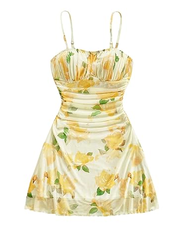 WDIRARA Women's Floral Print Ruched Cami Dress Spaghetti Strap Ruffle Hem Mesh Mini Dress