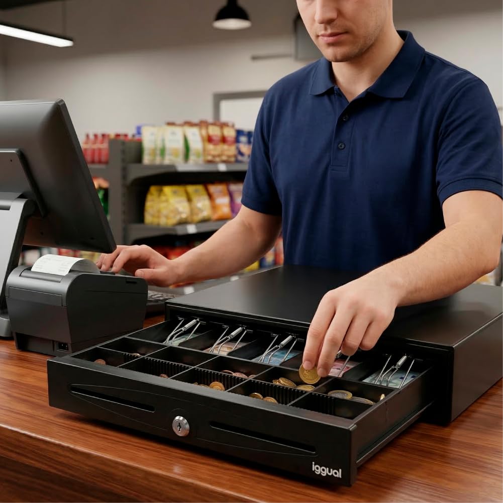 iggual -Tiroir-Caisse IRON-70 - Caisse Enregistreuse Manuelle ou Automatique pour 5 Billets et 8 Pièces - Serrure à 3 Positions - Matériau Acier+Plastique - Usage Professionnel -Noir (44,5 x 42,5 x 9)