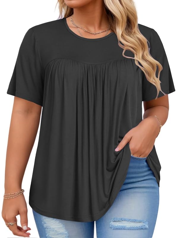 Womens Plus Size Tops Going Out Casual Short Sleeve Basic Cute Crewneck XL Dressy Pleated T-Shirts Black by VISLILY - Used condition - US$10.39