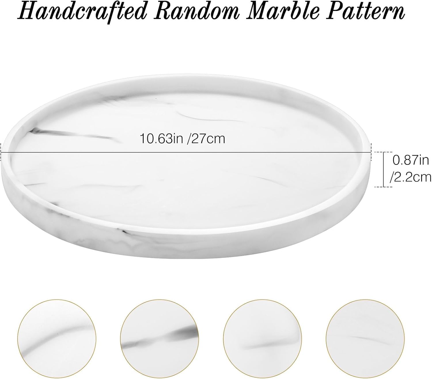 Luxspire Round Vanity Tray, 10.63 Inch Bathroom Vanity Tray Resin Kitchen Tray, Countertop Organizer Tray for Perfume Dresser Jewelry Candle, Coffee Table Decorative Tray, Marble White