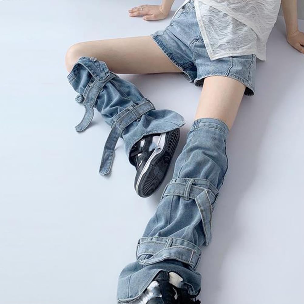 [QRUENNTG] Y2Kデニムレッグウォーマー レディースバックルストラップ ヒッピー ゴシック バギー グランジ フレアブーツ