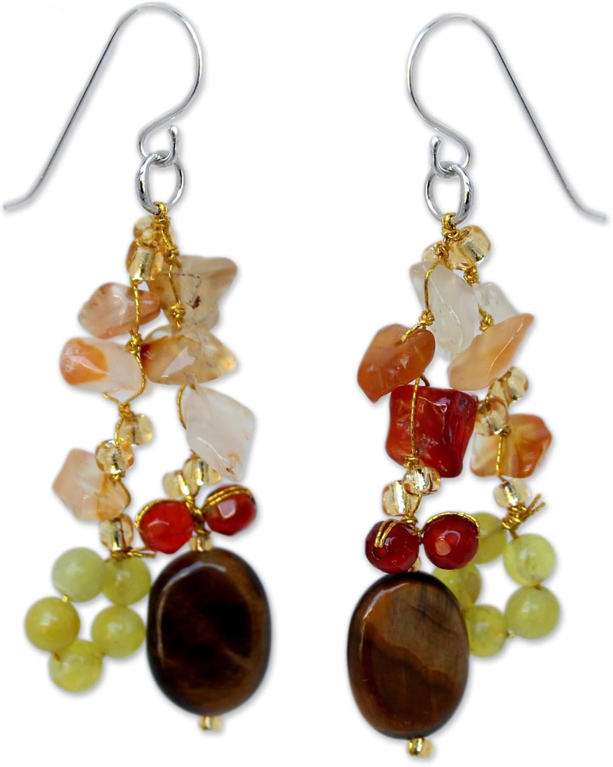 NOVICA Artisan Handmade Tigers Eye Carnelian Cluster Earrings Crafted Quartz .925 Sterling Silver Multigem Glass Bead Brown Multicolor Red Yellow Orange Beaded Dangle Thailand 'Thai Autumn'
