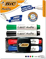 Kit 4 Marcadores de Quadro Branco BIC Marking Cores Clássicas + 1 Apagador, Ponta Resistente, Apaga Fácil, 970929