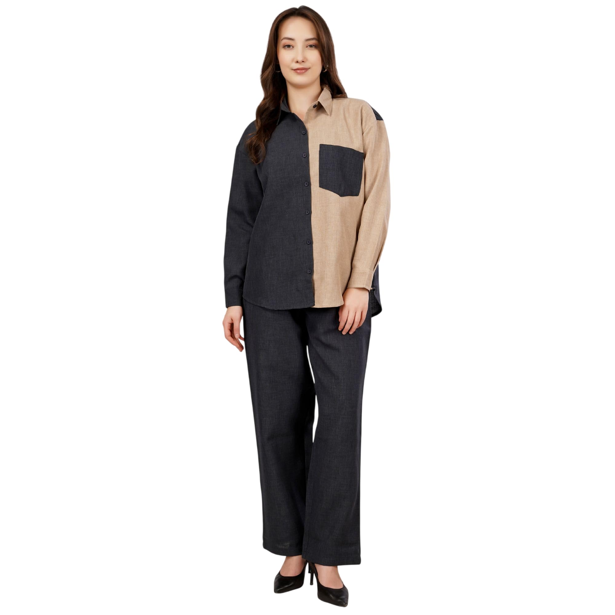 Women Contrast Linen Co-Ord Set | Color Block Shirt & Straight Fit Trousers | Spread Collar | Long Sleeve | Elastic Waist | Summer Casual Outfit-image-1