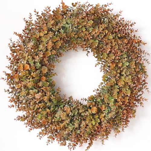Image of 32 inch Large Fake Eucalyptus Fall Wreath for Front Door Decor(Orange-Green) | Artificial Outdoor Wreath, UV and Water Resistant, for Porch /Window /Wall /Farmhouse /Home /Thanksgiving Day /Autumn Decor
