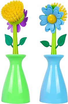 Long Handle Vegetable and Fruit Brush, Florganic Dish Brush with Vase, Long Handle Dish Brush Kitchen, for Cleaning Pot Pan Sink Kitchen Supplies Decorative Vase 2 Pcs Green/Blue