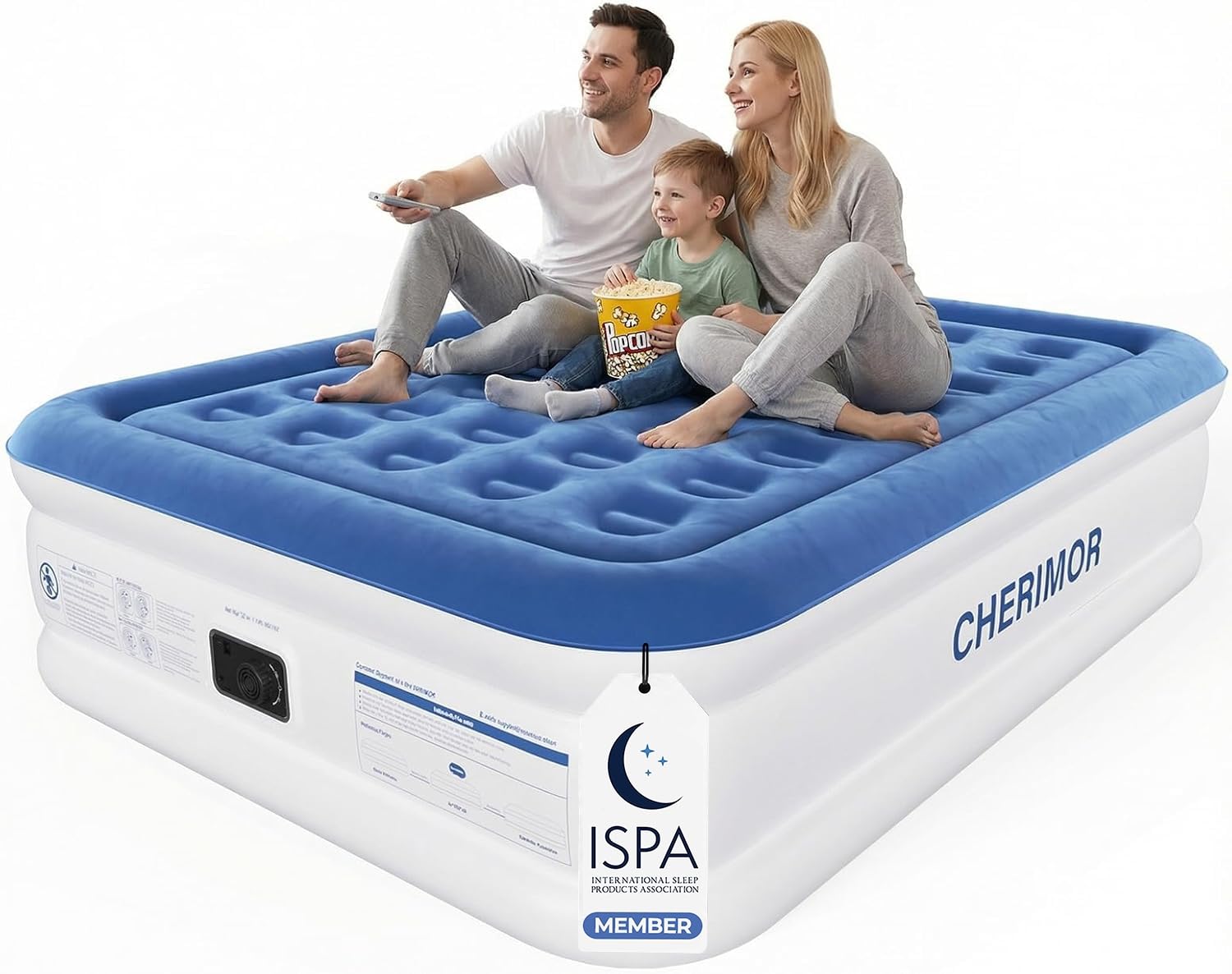 cherimor queen air mattress with built-in pump, 18" raised comfort, 48hr leak-proof test, upgraded honeycomb pillar design, supports 800 lbs, 3-min inflation-inflatable bed for home guests-blue