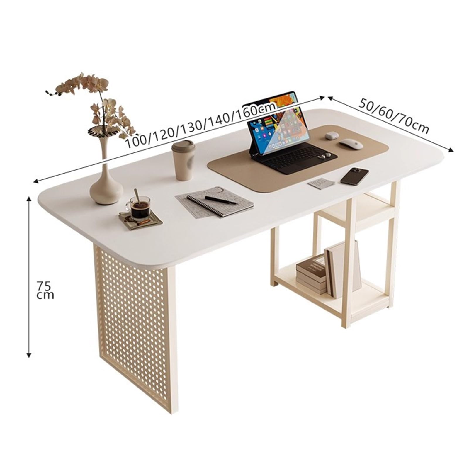 Acrittura Tavolo bianco for l'home office con ripiani portaoggetti a 2 livelli(M)
