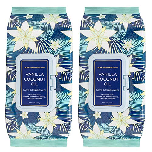 Body Prescriptions Vanilla and Coconut Oil Face Wipes & Makeup Remover Wipes - 2 Pack (60 Count Each) of Gentle Facial Cleansing Wipes – Flip Top Pack