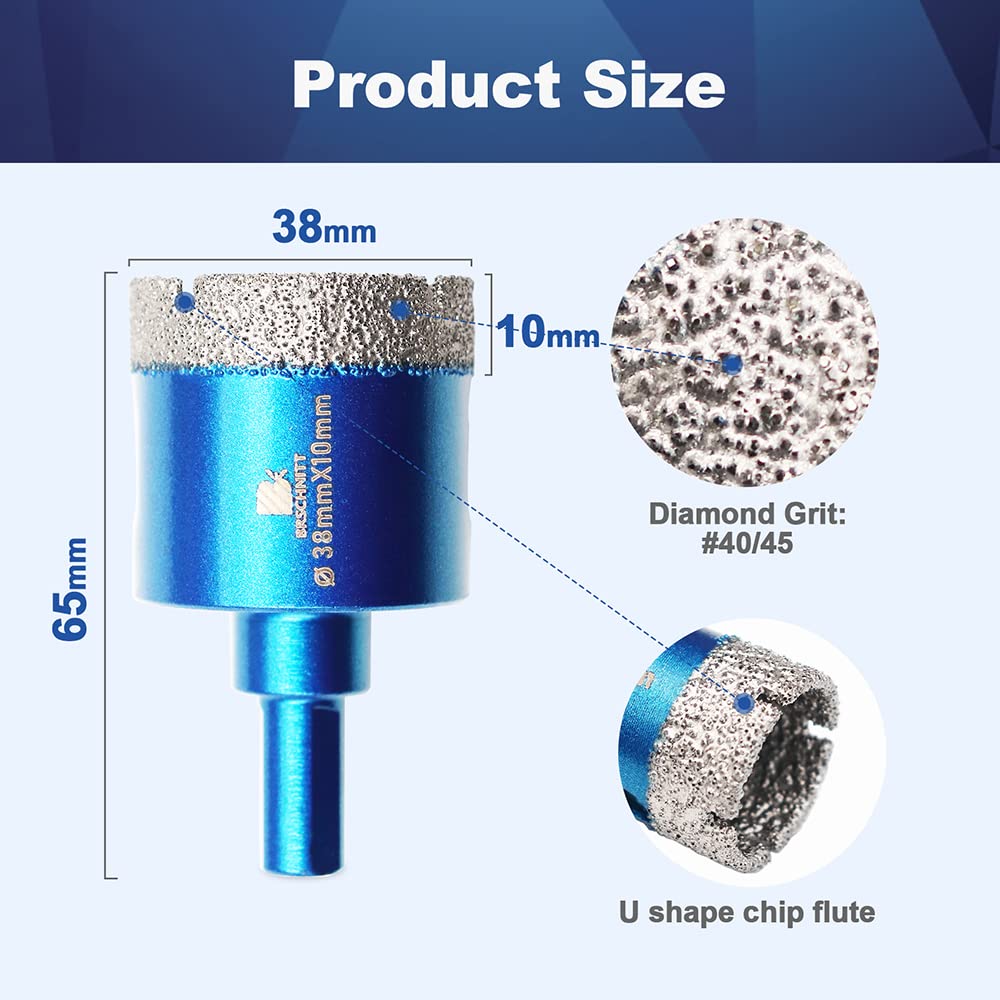 Dry Diamond Core Drill Bit Set,BRSCHNITT 2pcs/pack 1 1/2 Inch (38mm) Diamond Hole Saw Core Drill Bit with Triangle Shank for Porcelain Tile Ceramic Stone Granite Marble - Image 2
