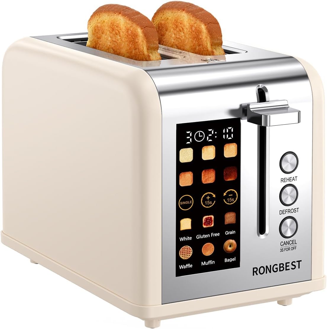 2 Slice Touch Screen Toaster Stainless Steel Wide Slots with Digital Touchscreen, Reheat & Defrost, Even Toasting for Family Breakfast Bagel & Bread, Easy Removable Crumb Tray, Cream Color