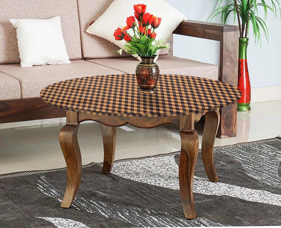 Image of The Furnishing Tree Round Elastic Fitted Center Tpoy Table Cover WxL 28x28 Inches Checkered Pattern Brown