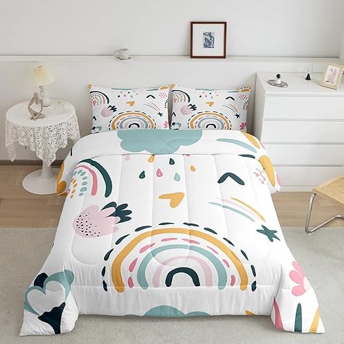 Juego de edredón de dibujos animados de arco iris, edredón iridiscente femenino para niños, niñas y mujeres, decoración de dormitorio, relleno de