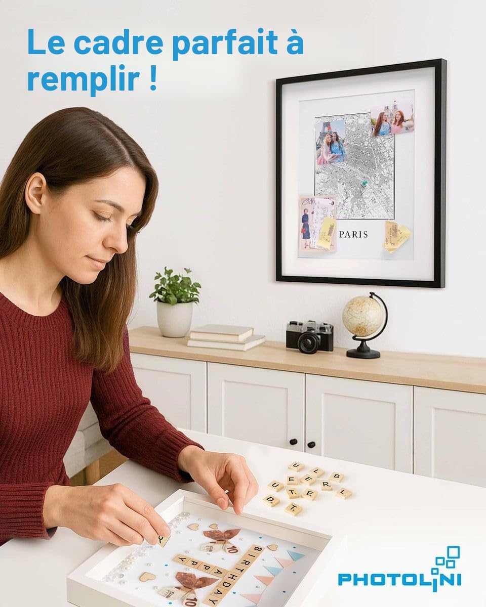 PHOTOLINI Cadre Photo 3D à remplir 50 x 70 cm Noir, Cadre boîte Profond, pour Objets jusqu'à 3 cm, Bois MDF, Verre Acrylique - pour Les Loisirs créatifs & comme Cadeau